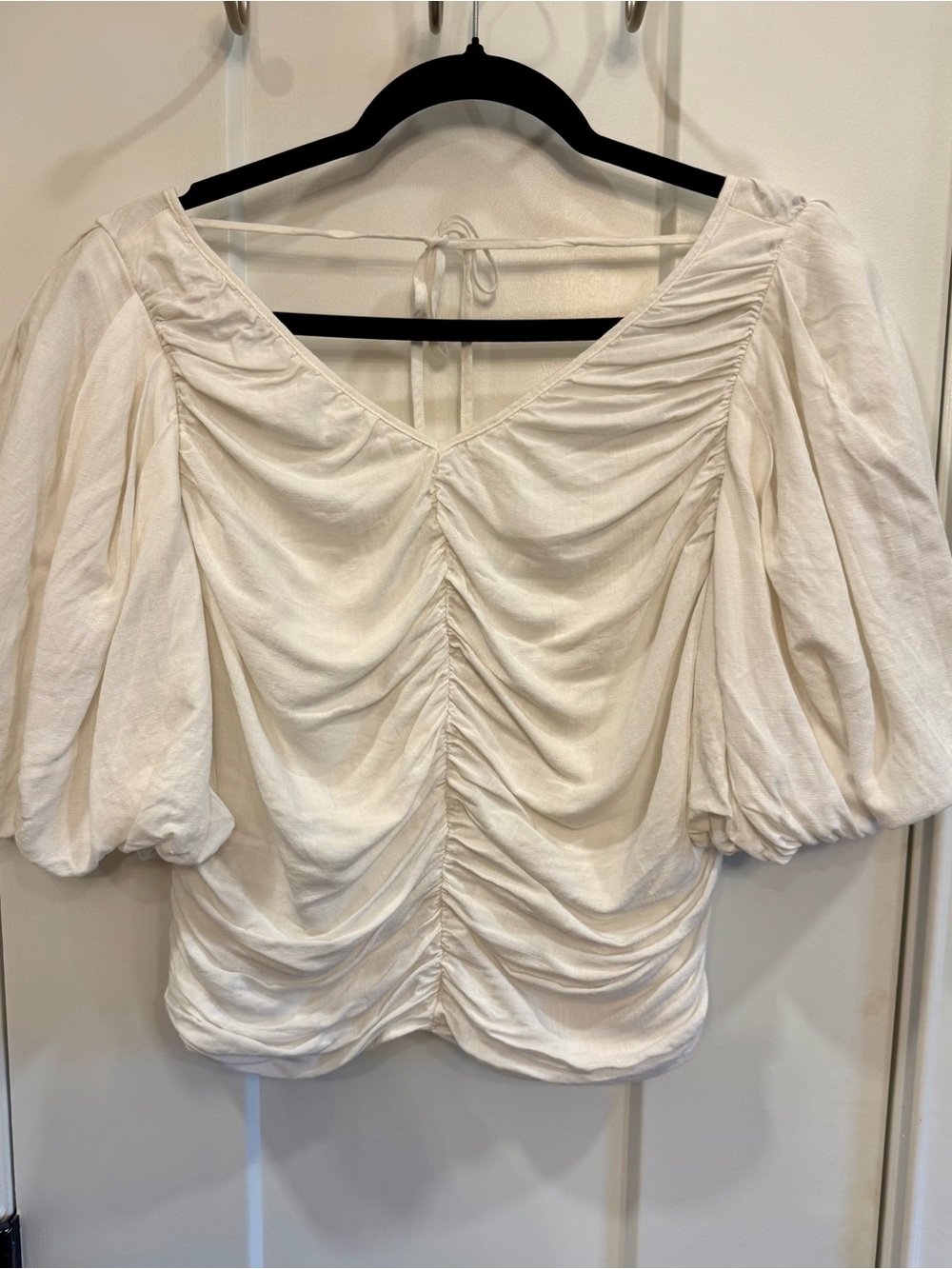 Pilcro Cream Ruched V-Neck Puff Sleeve Blouse